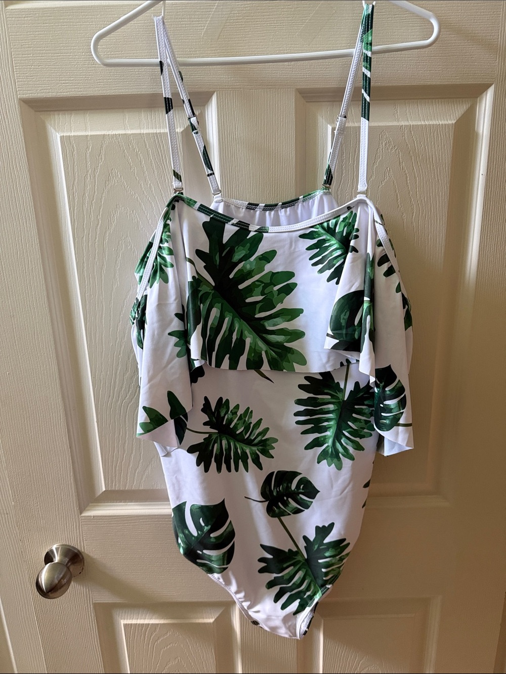 Women’s White One-Piece Swimsuit with Green Leaf Print